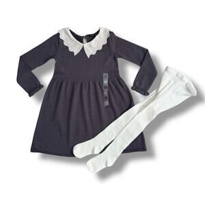 Kiabi Girls Dress & Tights Set Size 36M Gray Knit Scallop Collar Long Sleeve New